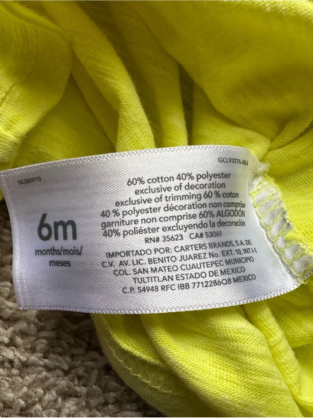 Carter’s Baby Boy Neon Yellow Dinosaur Pocket Henley Tee 6M